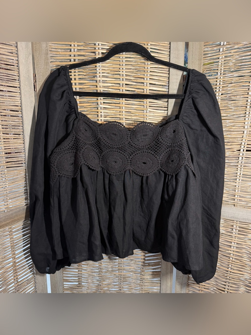 Anthropologie Black Crochet Medallion Puff Sleeve Blouse - size Large